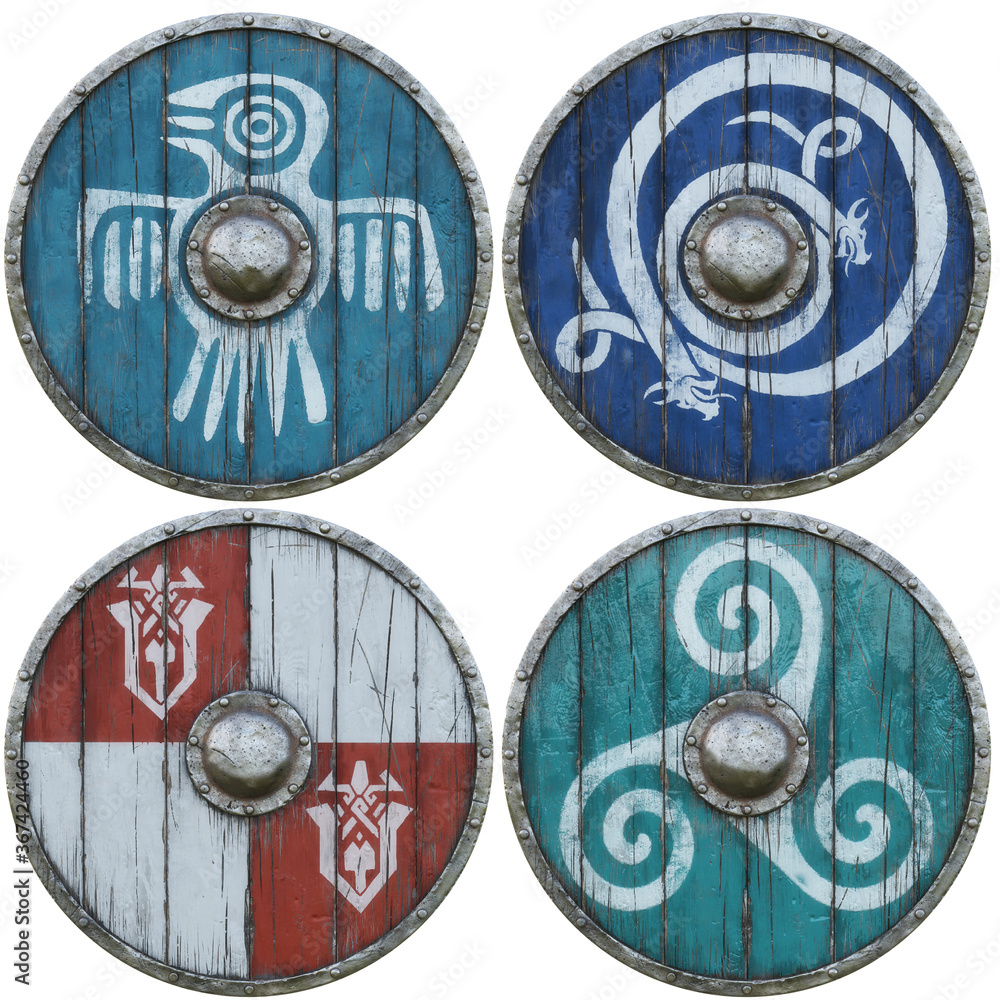 Collection two of various military round shields with metal and wood ...