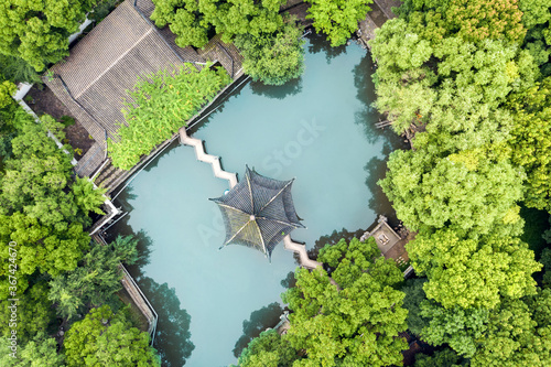 Aerial of Ancient traditional garden, Suzhou garden, in China.