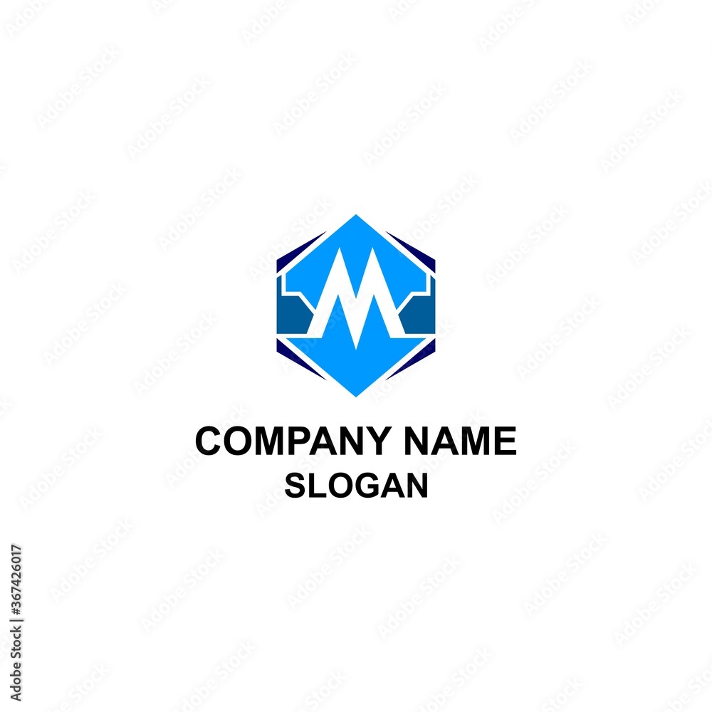 M letter initial logo, negative space M letter inside hexagon shape. M letter initial logo, negative space M letter inside hexagon shape.