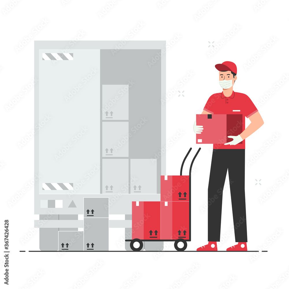 Delivery service concept. Courier with mask and gloves unloading parcels for delivery Delivery service concept. Courier with mask and gloves unloading parcels for delivery
