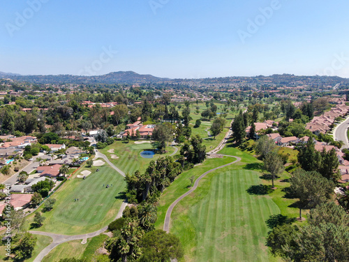 Aerial view of golf in upscale residential neighborhood, Rancho Bernardo, San Diego County, California. USA. 
