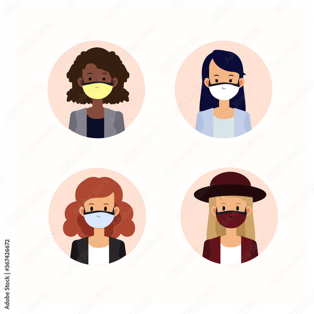Vector illustration avaar peoples woman wearing medical mask. women wearing protection from virus, urban air pollution, smog, vapor, pollutant gas emission. Vector illustration. Vector illustration avaar peoples woman wearing medical mask. women wearing protection from virus, urban air pollution, smog, vapor, pollutant gas emission. Vector illustration.