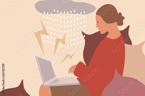 Tired stressed person working from home on computer. Burnout syndrome. Stressed woman using laptop. Working, reading, watching news. Vector flat illustration.