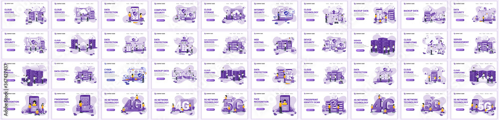 Naklejka premium Big collection concept of cloud computing, digital storage, flat vector illustration. Set of landing page design templates, can use for web banner, infographics, landing page, web template