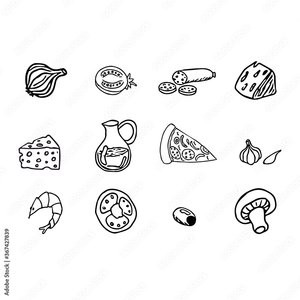 Set of pizza ingredients, hand drawn doodle objects, graphic design elements isolated on white background, contour drawing stock vector illustration