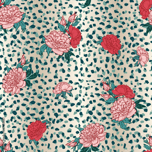 leopard animal abstract geometric seamless pattern with scarlet pink floral print design