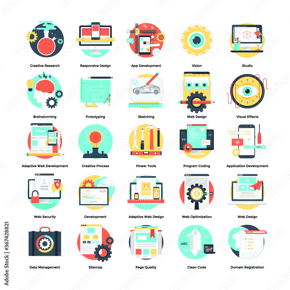 Flat Icons Set of Software Design and Development 