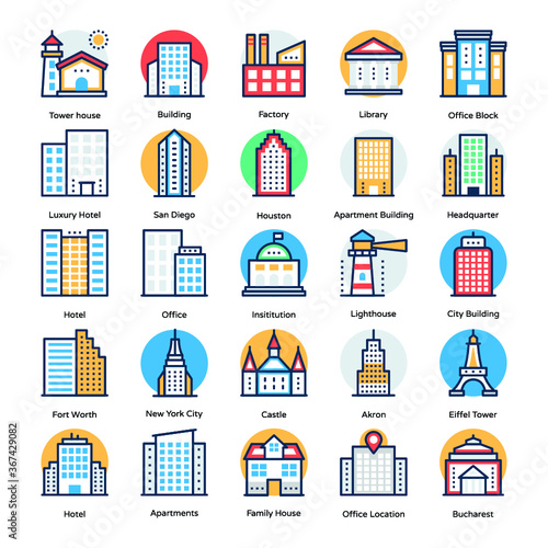 Buildings Flat Vector Icons Set 