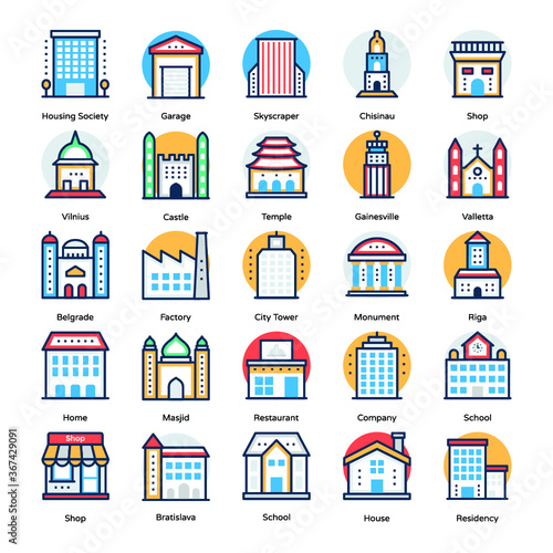 Colourful Flat Icons of Buildings