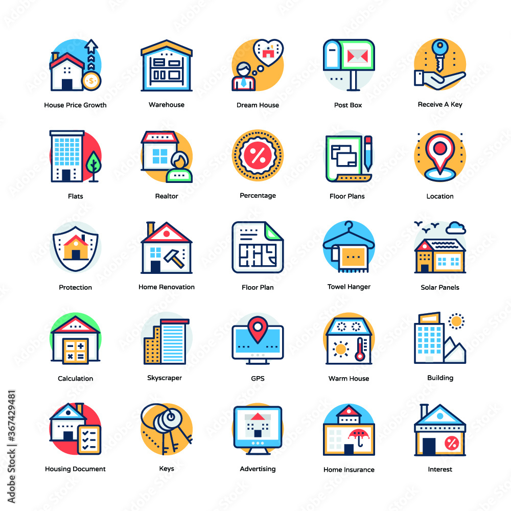Property and Real Estate Colored Vector Icons Set