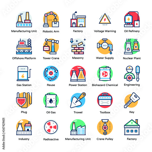 Industrial and Construction Flat Icons Set 