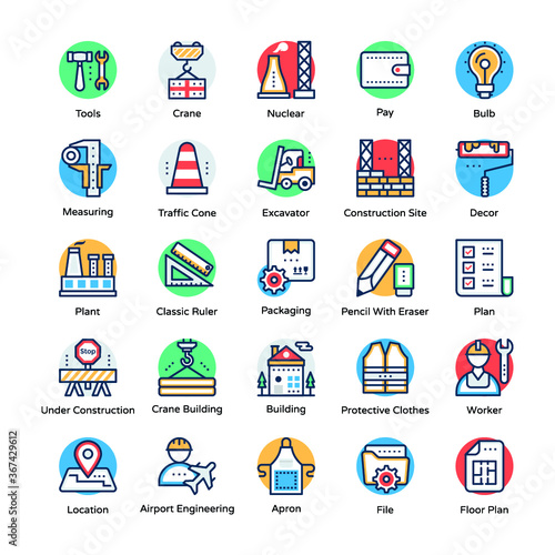 Industrial and Construction Flat Icons Pack 