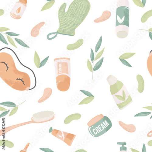 Skin care routine seamless pattern. Beauty spa face and body care repeated background. Cleansing, moisturizing, treating. Hand drawn vector seamless pattern. Cartoon style. Flat design
