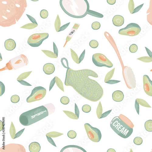 Skin care routine seamless pattern. Beauty spa face and body care repeated background. Cleansing, moisturizing, treating. Hand drawn vector seamless pattern. Cartoon style. Flat design