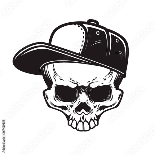 Illustration of skull in baseball cap in monochrome style. Design element for logo, emblem, sign, poster, card, banner. Vector illustration