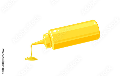 Mustard sauce pouring from squeeze plastic bottle for fast food, vector illustration cartoon icon isolated on white background.
