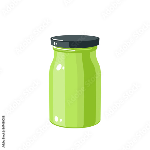 Wasabi sauce jar with lid, traditional japanese condiment, vector illustration cartoon icon isolated on white background.