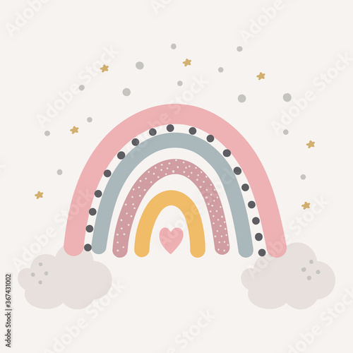 Cute colourful rainbow with drops and heart isolated. printable poster for kids. © VectorBoyZ