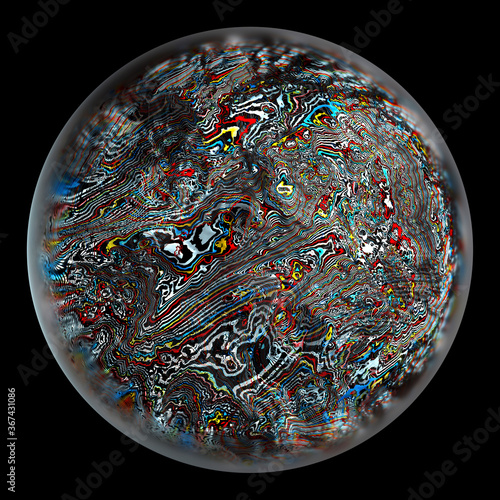 3d render of abstract art of surreal 3d planet earth in organic curve round wavy lines in red blue white and yellow color inside glass sphere with blur effect on the edges on isolated black back