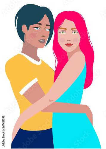 Young, beautiful and happy lesbian couple embracing. Vector flat illustration, isolated on white background.