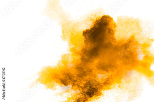 Orange yellow  powder explosion on white background. © Pattadis