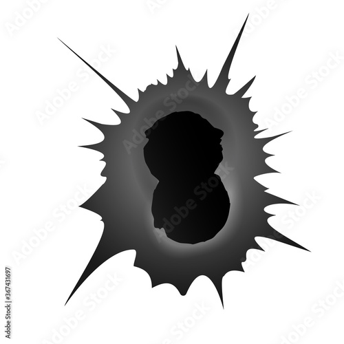 Bullet double hole on white background. Realisic metal bullet hole, damage effect. Vector illustration.