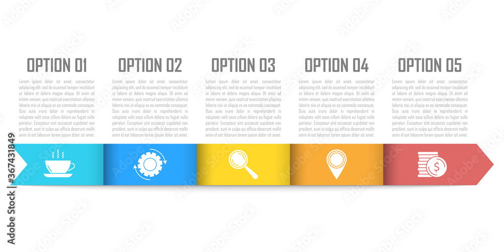 Template infographic vector with arrows and 5 steps or options. Infographics for business concept can be used for layout, presentations, banner, diagram or graph.