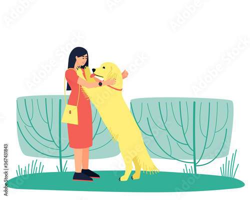 Dog handler hugs his golden Labrador dog. The woman is walking the dog. A strong friendship between a man and a dog. Flat vector illustration.