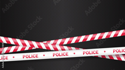 Police tape, crime danger line. Caution police lines isolated. Warning tapes. Set of red warning ribbons. Vector illustration on dark transparent background.