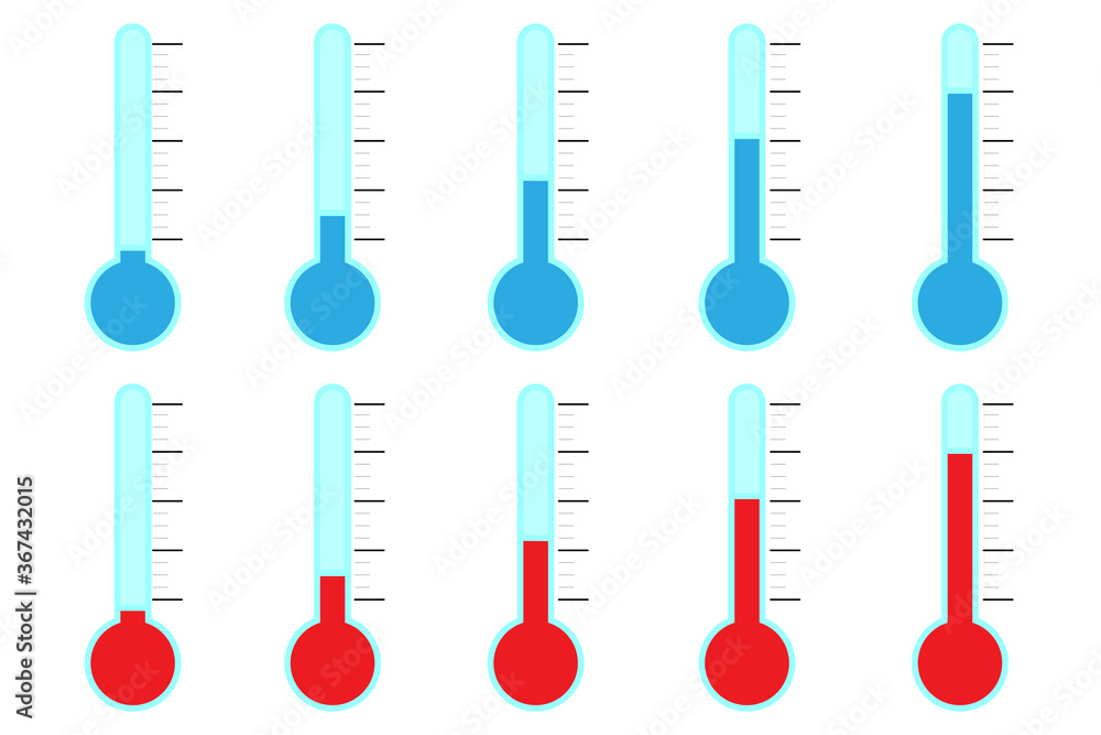 Thermometer icon for weather. Hot and cold scale. Celsius or Fahrenheit temperature. Red and blue indicator. Vector image. Stock photo. Thermometer icon for weather. Hot and cold scale. Celsius or Fahrenheit temperature. Red and blue indicator. Vector image. Stock photo.