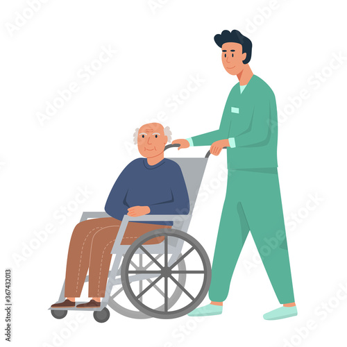 Male nurse with old man on wheelchair. Grandpa sitting in wheelchair. Retired elderly senior age man disabled. Concept for assisted living or nursing home. Flat vector illustration on white background