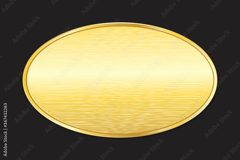 Gold metal plate. Gold oval board on a black background. Gold panel. Vector badge. Stock photo.