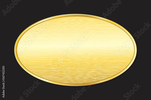 Gold metal plate. Gold oval board on a black background. Gold panel. Vector badge. Stock photo.