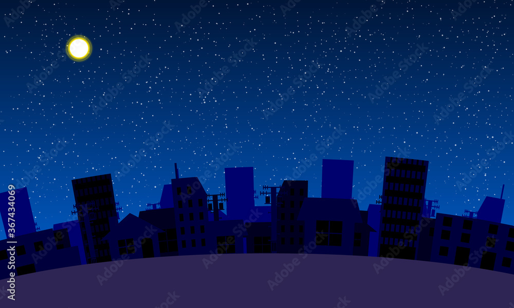 シンプルでアニメ風なベクターの街なかの背景イラスト 夜版深夜 超望遠レンズver