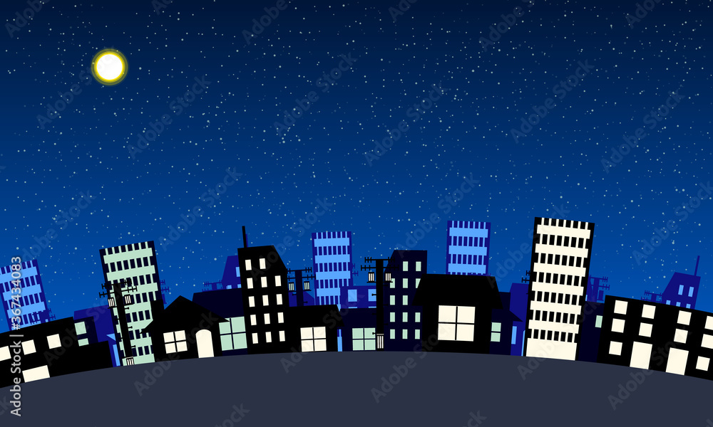 シンプルでアニメ風なベクターの街なかの背景イラスト 夜版夜景 超望遠レンズver