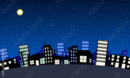 シンプルでアニメ風なベクターの街なかの背景イラスト 夜版夜景 超望遠レンズver