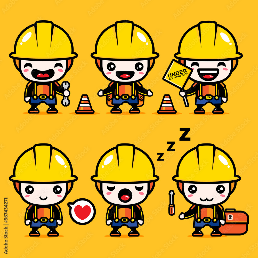 design vector set of cute building workers