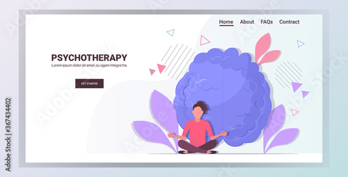 woman in lotus pose meditating solving psychological problems psychotherapy stress addictions mental problems concept horizontal full length copy space vector illustration