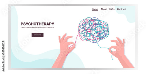 human hands solving problem in tangled brain psychotherapy session treatment of stress addictions and mental problems concept horizontal copy space vector illustration