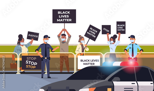 protesters crowd with black lives matter banners campaign against racial discrimination in police support for equal rights of black people horizontal full length vector illustration