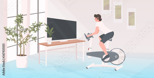 girl engaged in stationary bike sport healthy lifestyle concept living room interior horizontal full length vector illustration