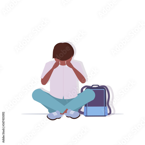 depressed schoolboy with backpack crying depression problems stress psychotherapy bullying concept full length vector illustration