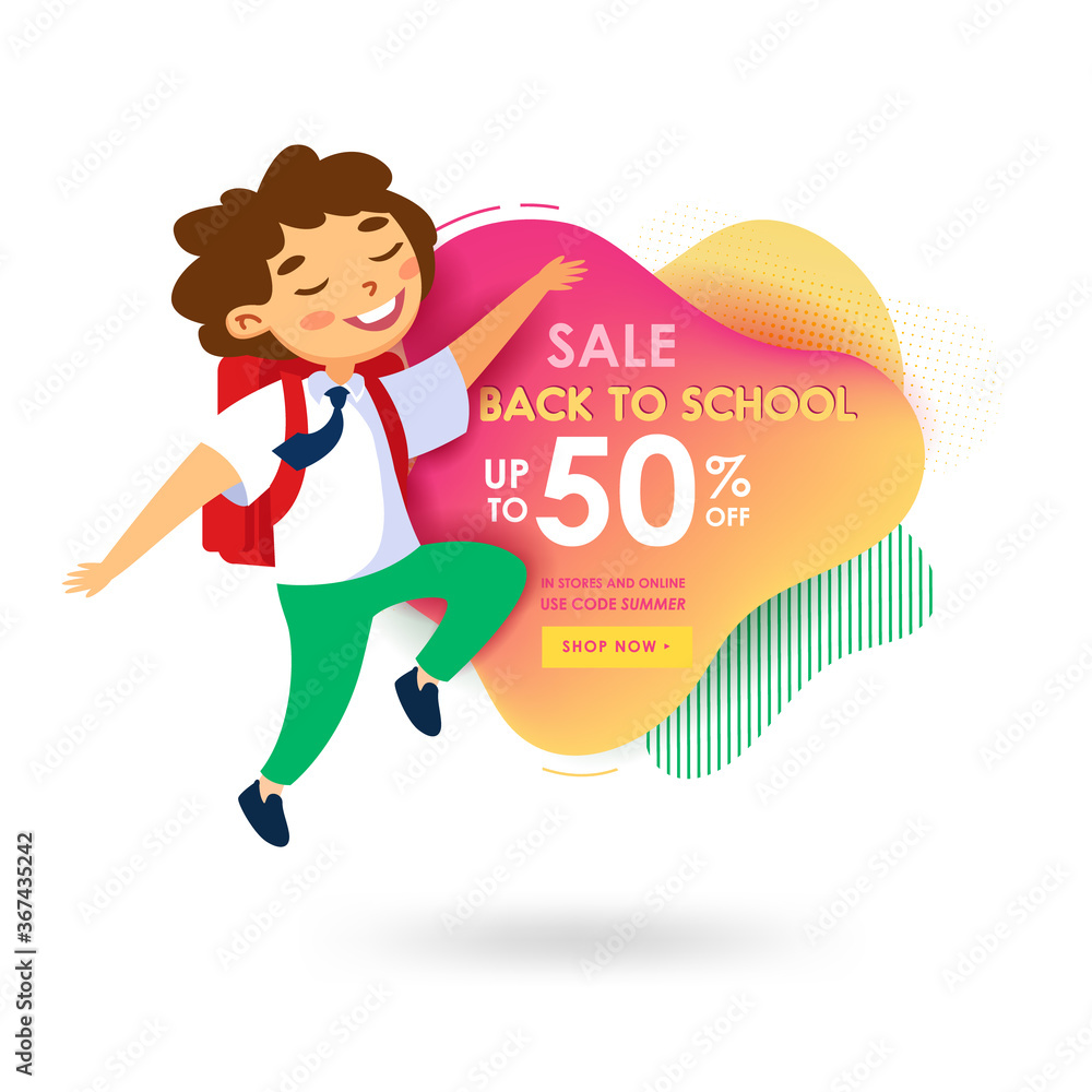 Back to School Sale Banner for Store and Online Shopping. Promo Poster in Memphis Style with Cartoon Boy Student Jump Back to School Sale Banner for Store and Online Shopping. Promo Poster in Memphis Style with Cartoon Boy Student Jump