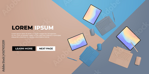 modern tablet computer with keyboard mouse stylus and colored screen realistic mockup gadgets and devices concept horizontal copy space vector illustration