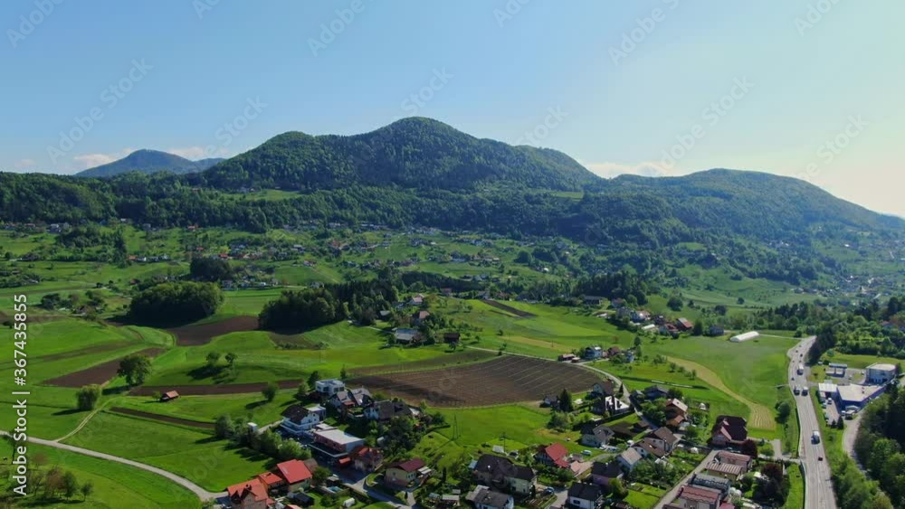 Idyllic view of lush green hills of Velenje, Slovenia. Aerial forward Idyllic view of lush green hills of Velenje, Slovenia. Aerial forward