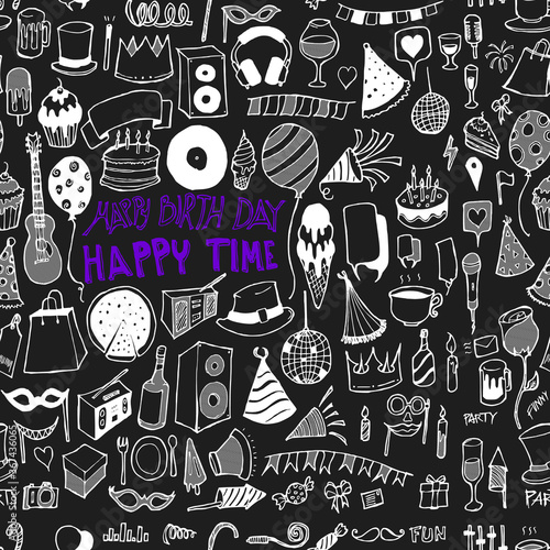 Party doodle seamless background seamless pattern. Drawing illustration hand drawn vector on chalkboard eps10