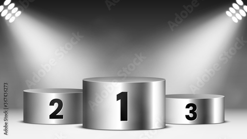 Glossy metallic winners podium with spotlights. Pedestal. Vector illustration.