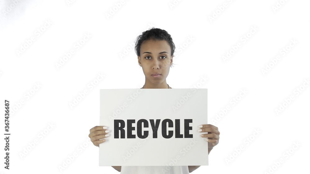 Afro-American Girl Activist With Recycle Poster showing thumb up on white background Afro-American Girl Activist With Recycle Poster showing thumb up on white background
