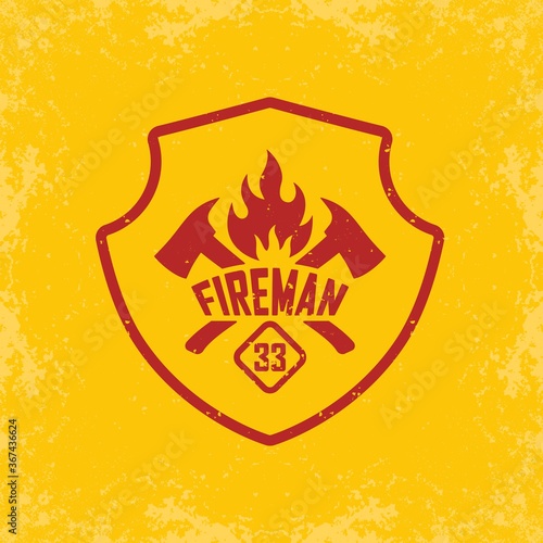 Color illustration of a red shield, crossed axes, fire and text on a yellow background. Vector illustration in vintage style with grunge texture. Firefighter logo illustration.