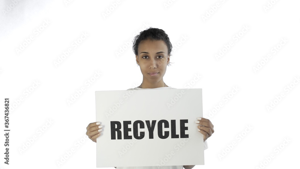 Afro-American Girl Activist With Recycle Poster showing thumb up on white background Afro-American Girl Activist With Recycle Poster showing thumb up on white background